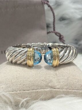 David Yurman 15MM Waverly Blue Topaz Cable Cuff Bracelet .925/18K Gold